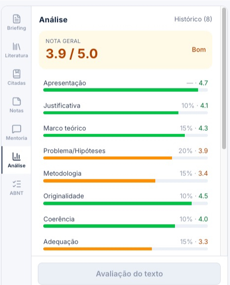 Painel de análise da IARA com nota geral e critérios de excelência acadêmica